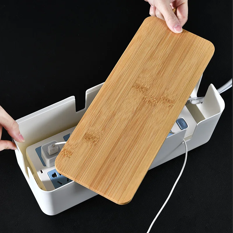 Factory Direct Bamboo Plastic Material Desktop Power Socket USB Charge Cable Wire Storage Box with Liner