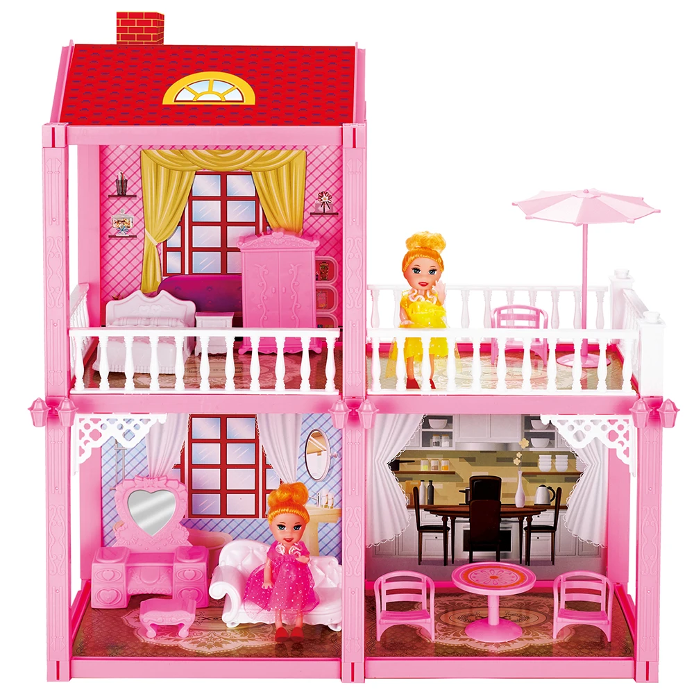New Arrivals Girls Toy 3-Story 8 Rooms Mini Doll House Playhouse with 3 Doll Figures Slides Stairs Furniture Accessories