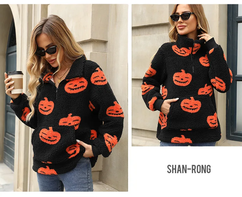 430gsm winter clothes for women rugby halloween pumpkin print hoodies pullover fur casual sherpa fleece half zipper hoodie