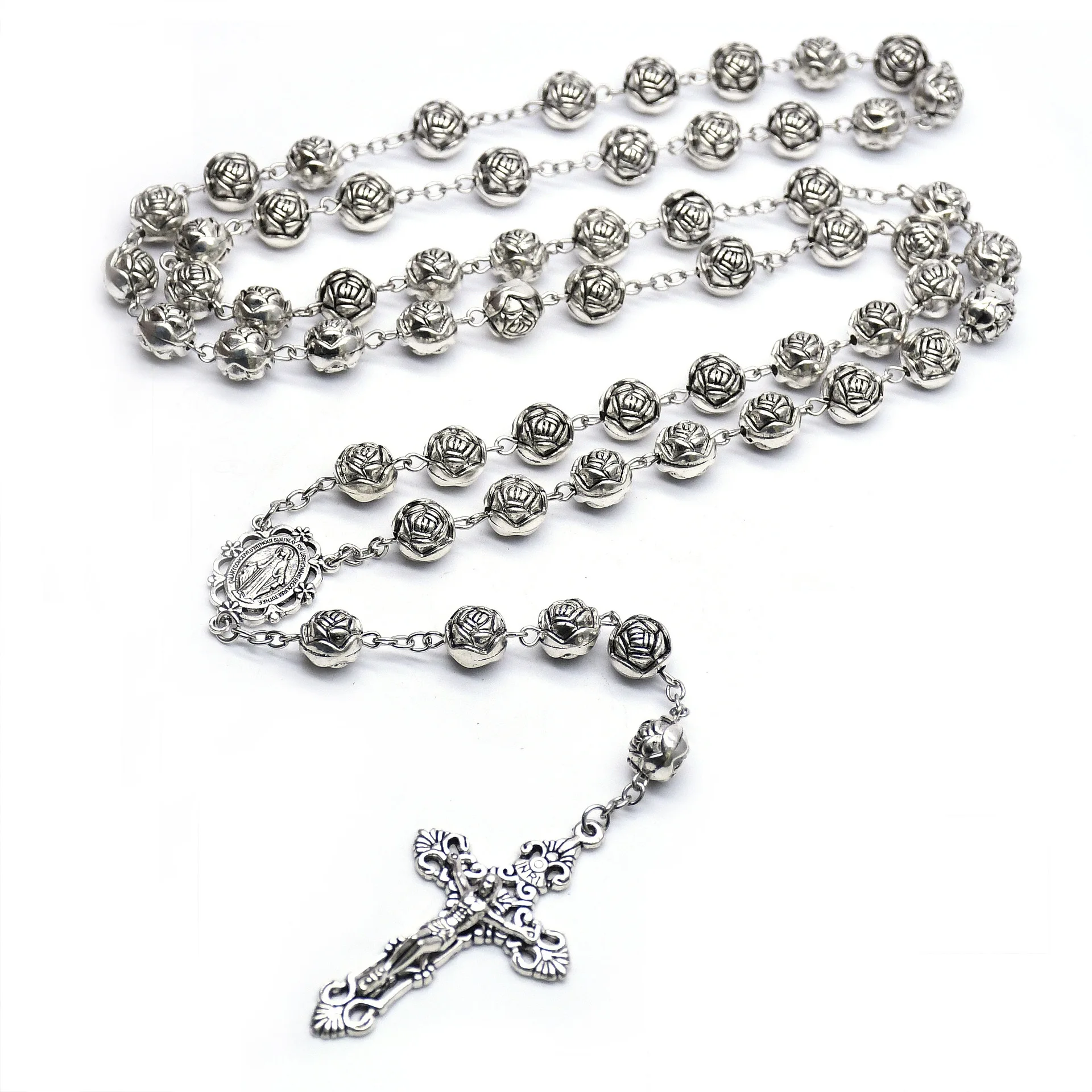 Wholesale Religious Roses Carved Alloy Beads Cross Crucifix Pendant Rosary Necklace