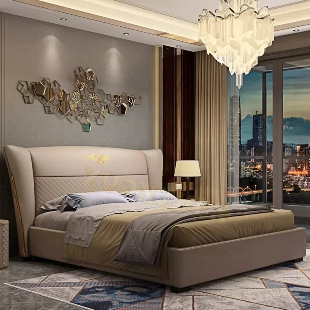 Italian Design Luxury Bedroom Furniture Set Modern Upholstered Leather Bedroom Bed With Extended Headboard