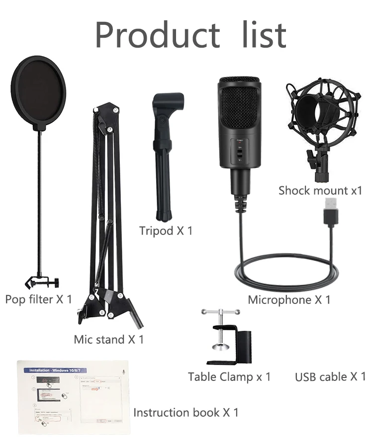 Конденсаторный ручной микрофон с набором для студийной записи подкастов проводной