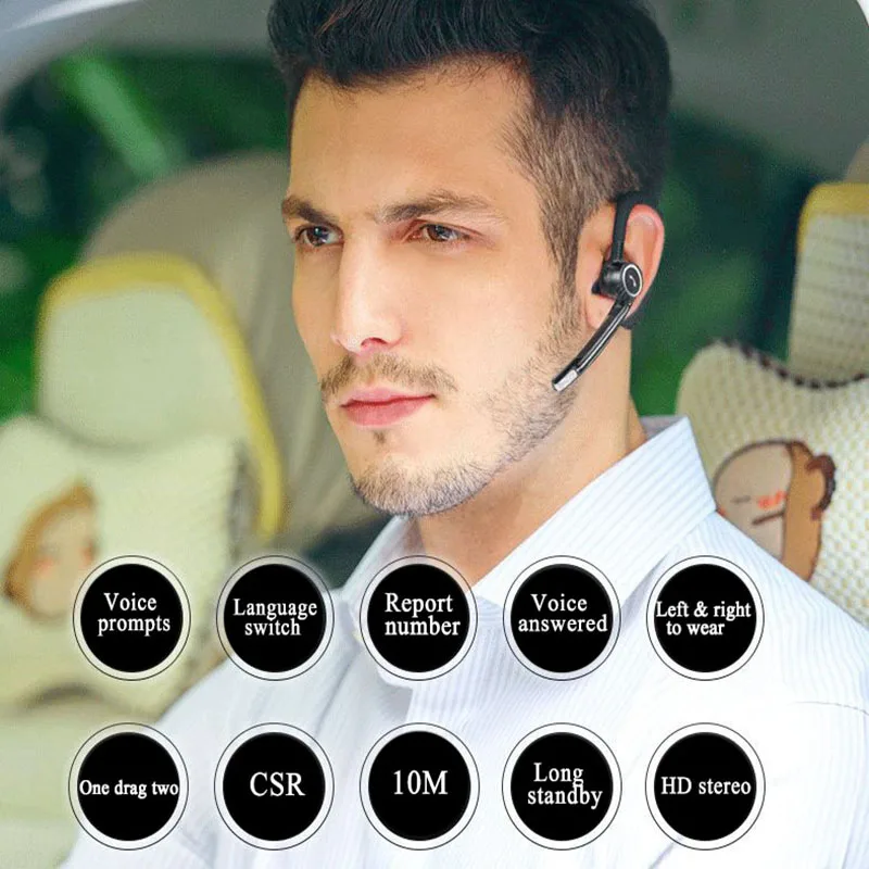 V8S USB Powered BT Earphones with Ear Hook Noise Reduction Business Wireless Hands Free Headset with Microphone