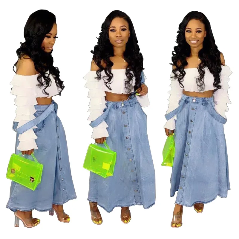 Hsf2021 Stylish Loose Suspenders Big Size Jeans Women Denim Maxi Skirt Skirt