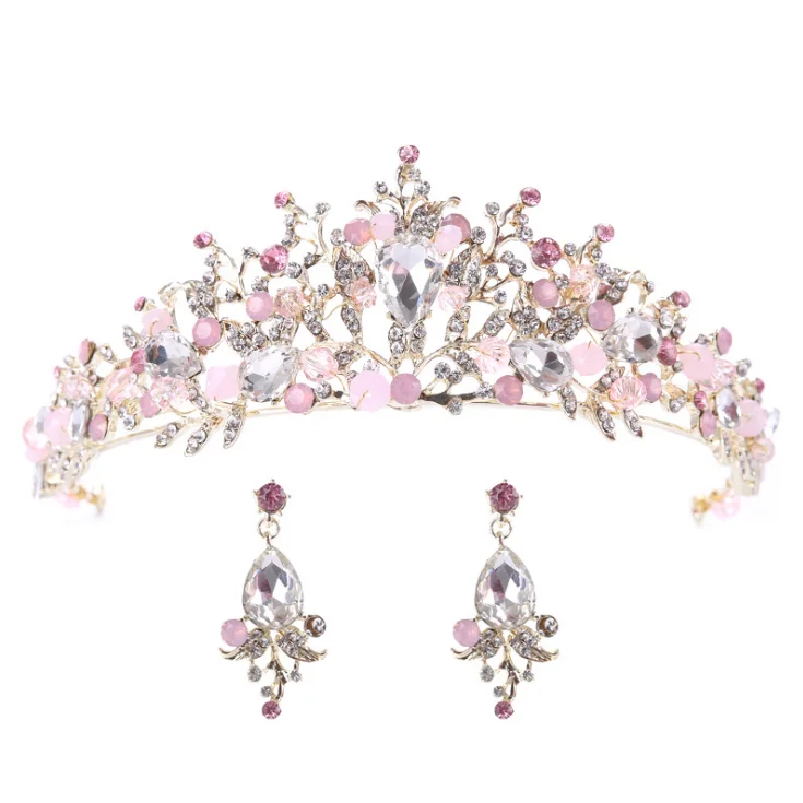 Leaves teardrop Rhinestones Bride Hair Accessories Wedding Queen Crown Earring Set Bridal Hairband for Wedding Tiaras