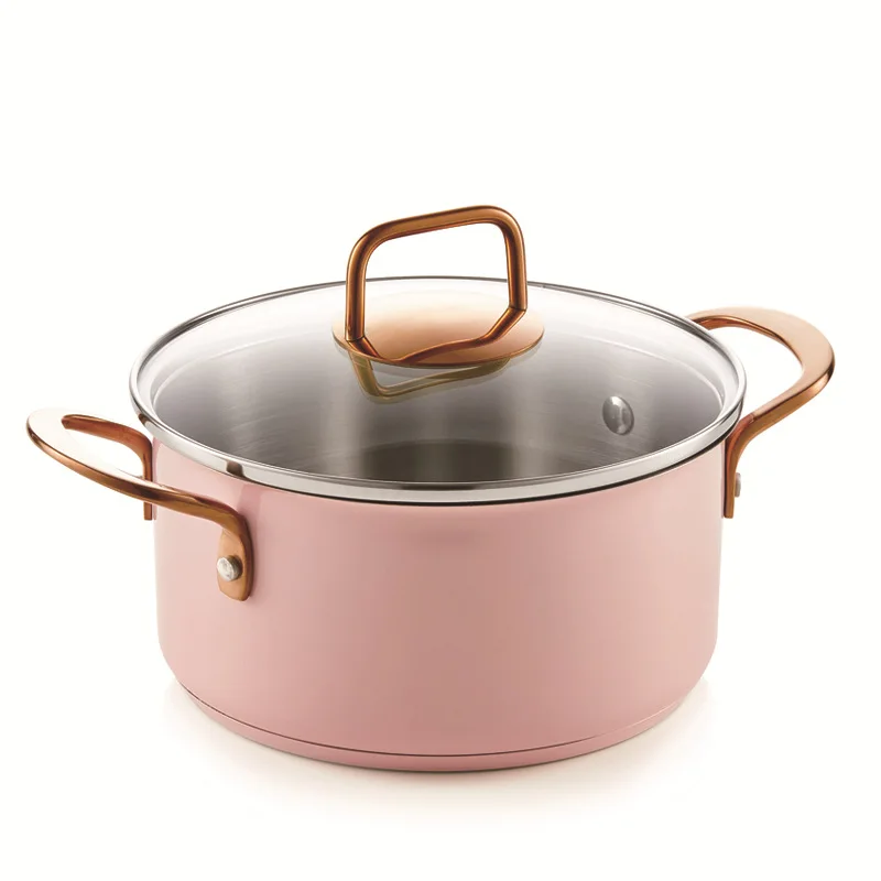 Light luxury pink color 20cm kitchen cooking cookware stainless steel nonstick soup pot soup stock pot