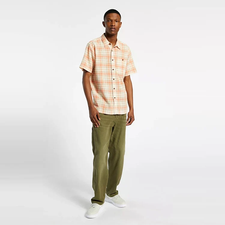 Oem Wholesale Turn-down Collar 100% Cotton Summer Orange Checked Short Sleeves Shirts For Men