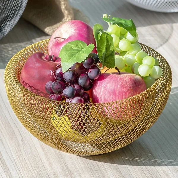 Modern kitchen metal tray Creative geometric snack tray candy basket Wrought iron double mesh hollowed out fruit basket