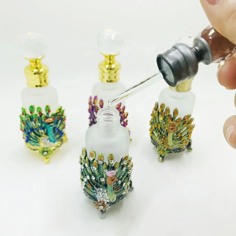 12ml Arabian Patented Peacock Metal Perfume Bottles Essential 0il Attar Glass Refillable Bottle Factory Outlet#81078