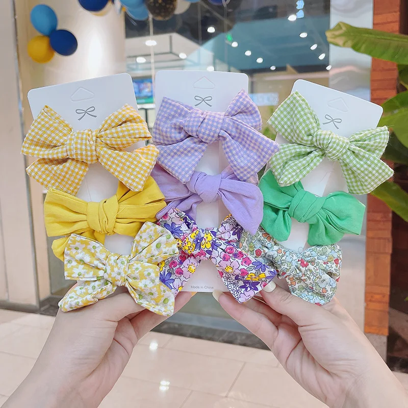 Korean Children Small Fresh Floral Bowknot Hairpin Large Plaid Floral Solid Color Bow Hair Clip Set