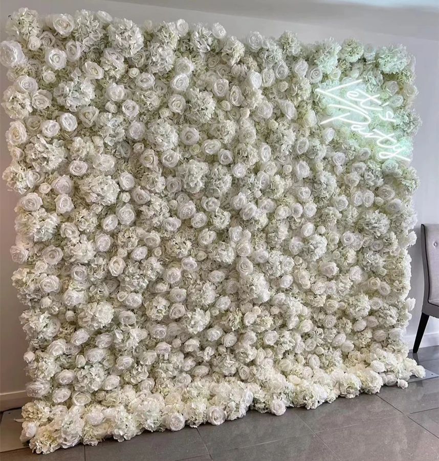 YOPIN-1229 Customized Artificial Silk 8ft x 8ft 5D White Rose Wedding Flower Wall Backdrop