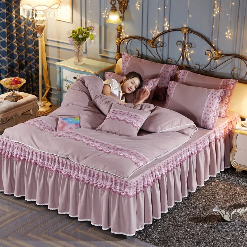 patent product pure fresh European Korean 100% polyester bedding set bed skirt set  grinding lace edge four pieces