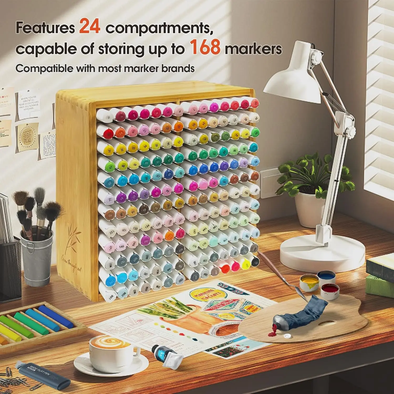Marker Organizer for 168 Markers,Bamboo Wooden Desk Storage Organizer Rack,Markers Pens Pencils Art Brushes Storage Holder