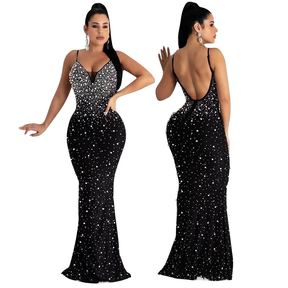 New Arrival Fashion Rhinestone Beaded Dresses Slim Fit Spaghetti Strap Dress Sleeveless Long Party Club Dress