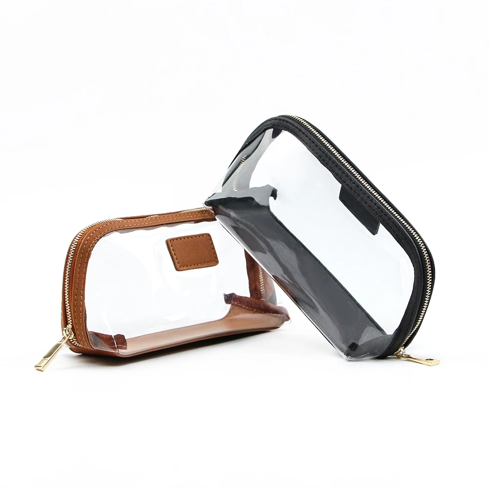 Wholesale New Trendy Designer Pink Brown Black PU Leather And Clear PVC Makeup Cosmetic Pouch Bag With Metal Zipper For Women