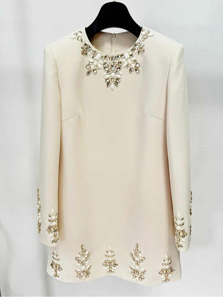 2022 spring new arrivals fashion elegant high waist mini dress round collar nail beaded diamond long sleeveless dress for women