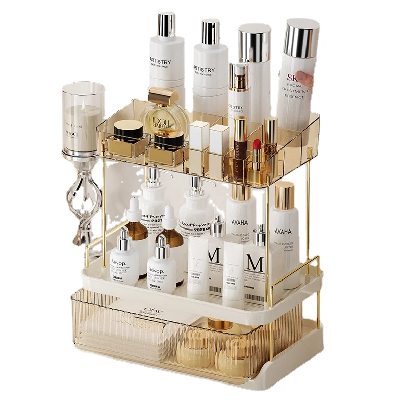 Cross-border new light luxury skin care products makeup brush storage box Desktop division large capacity shelf drawer 3471
