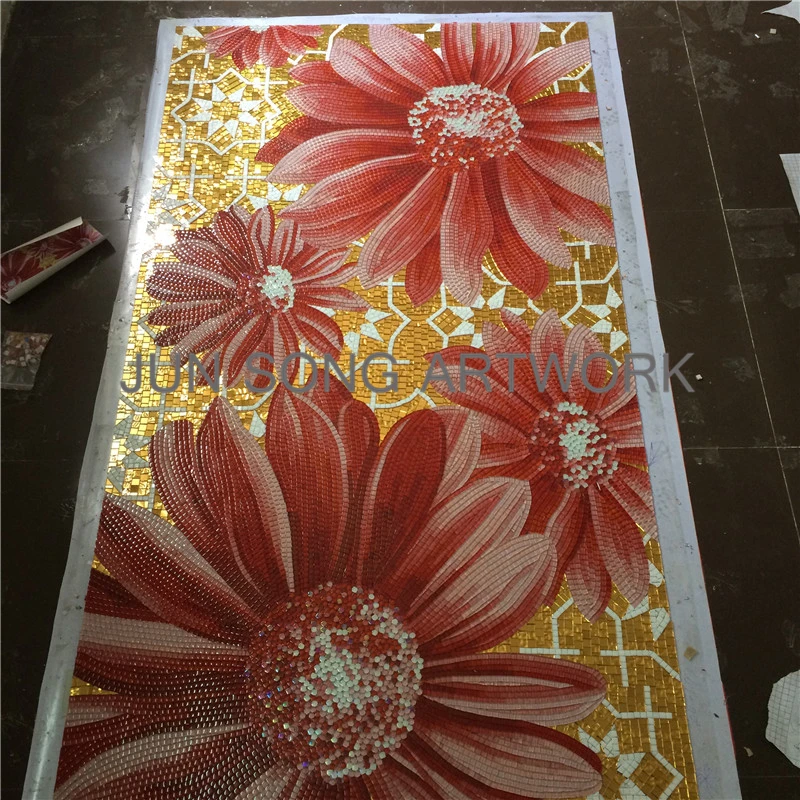 JS MFL-BF05 Red Flower Golden Glass Mosaic Bathroom Wall Mural Handmade Tiles Luxury Home Decor
