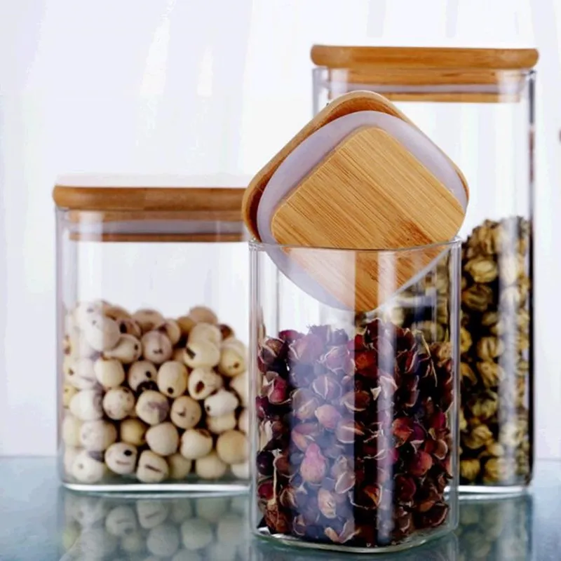Hot Sell Airtight Food Cans Square Storage Glass Jar Cylinder With Wooden Top Lid