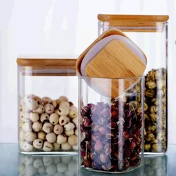 Hot Sell Airtight Food Cans Square Storage Glass Jar Cylinder With Wooden Top Lid Glass Storage Jar
