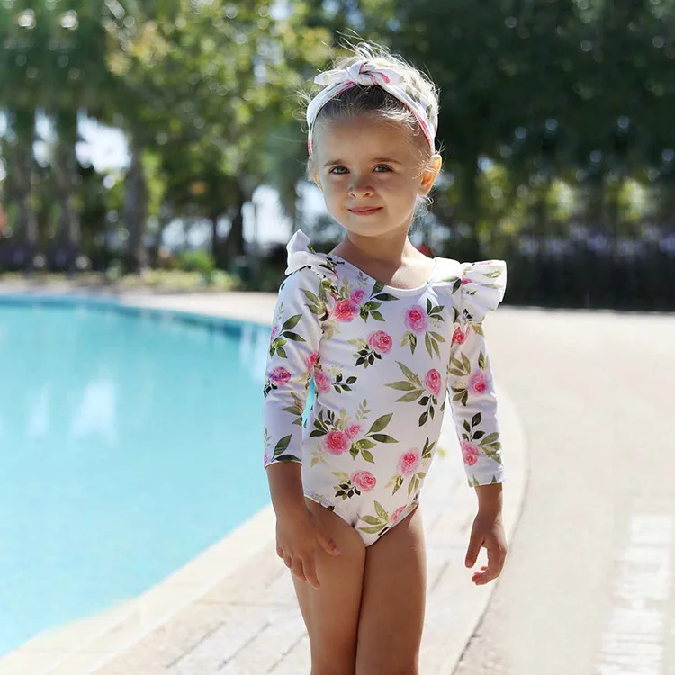 High Quality Girls One Piece Long Sleeves Swimsuit Custom Children Swimwear for Kids Swimming