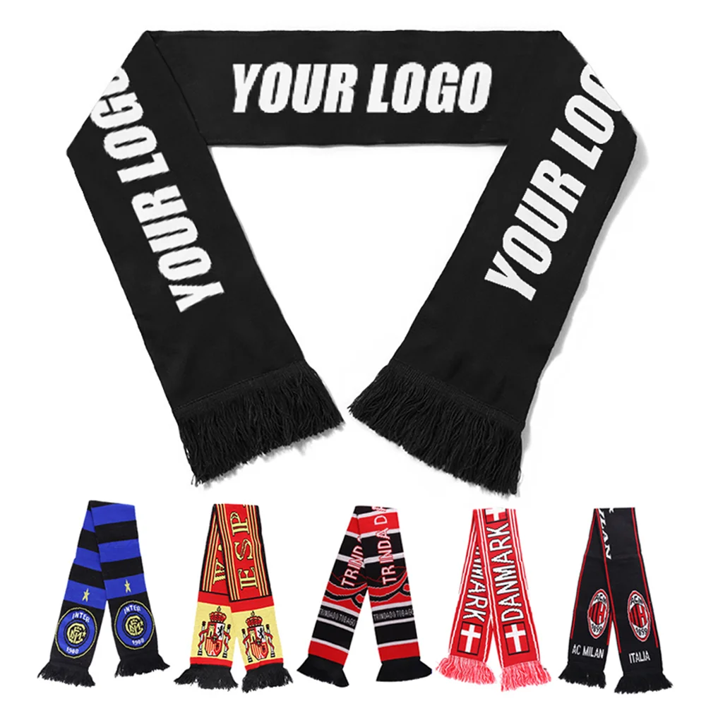 Custom Slogan Logo Knitted Scarves Knitting Jacquard Delicate Tassel Basketball Football Fan Scarf Fan Club Team Scarf Promo
