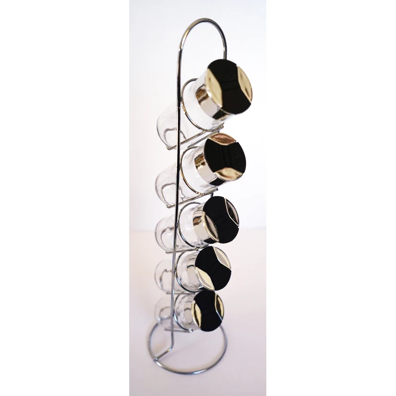 
Stainless Steel Condiment Set With 2 Oil / Vinegar Bottle Cruets, 3 Shaker Spice Jars, 5 Glass Canister Jars & Chrome Rack 