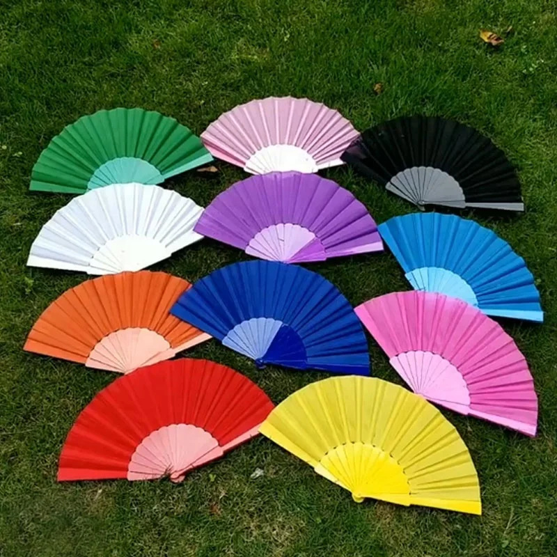 Customized nylon fabric hand held fans plastic fan portable for Large Folding Fan