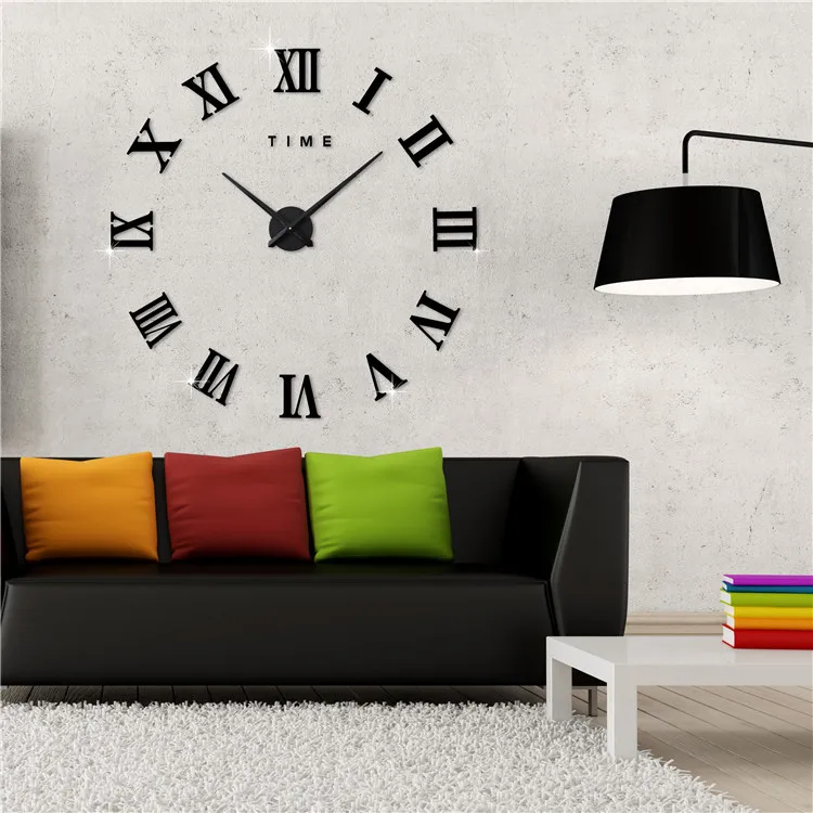 Mirror Surface 3D Large Diy Wall Clock Modern Design Roman Numeral Acrylic Home Decor Mirror Wall Clock