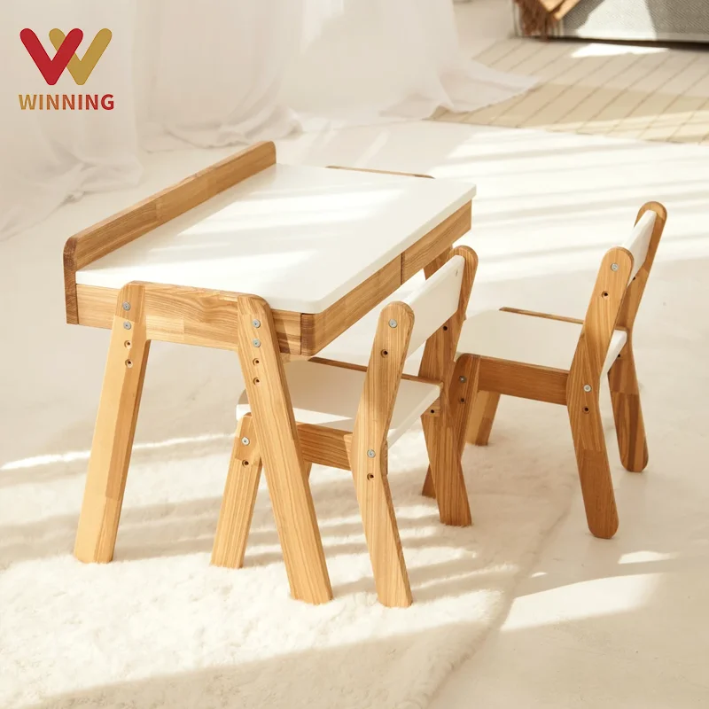 Winning Wooden Montessori Kindergarten Furniture Table With Two Chairs Set For Learning And Drawing Preschool Home Daycare Table