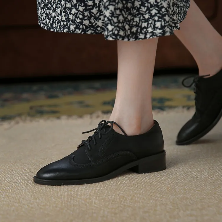Cialisa Handmade Genuine Leather Ladies Flats Perforated Lacing Up Pointed Toe Low Heels Womens Wingtip Oxford Shoes