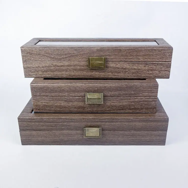 High-Grade Wrap Wooden Texture PU Leather Watch Box With Glass Window 10  Slots Watches Storage Cases