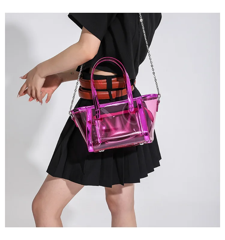 New Arrival Trendy Waterproof Transparent Pvc Plastic Summer Beach Tote Bag Chains Cross Body Bag Clear Jelly Handbag For Girls