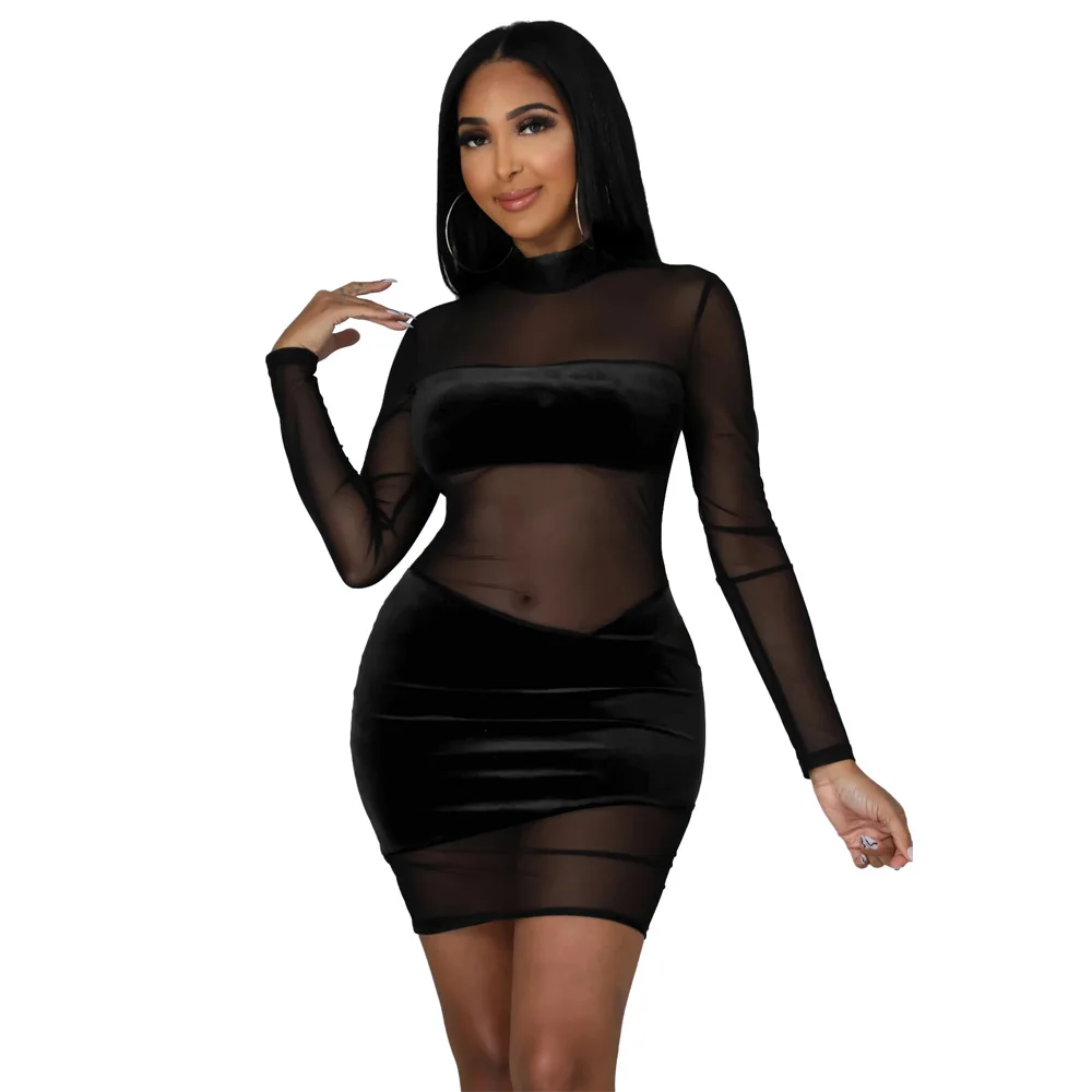 Женское сексуальное облегающее платье с высоким воротником и длинным рукавом бархатное прозрачное кружевное комбинированное короткое популярное
