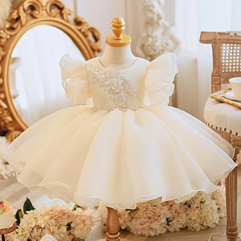 Boutique Fall White Bow Embroidery Satin Kids Communion Frock Flower Girls Dresses Baby Birthday Party Gown Children Clothing