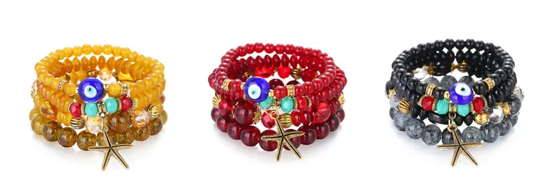 4Pcs/set Women Girl Elastic Starfish Evil Eyes Beads Bracelets Bohemian Ocean Style Resin Natural Stone