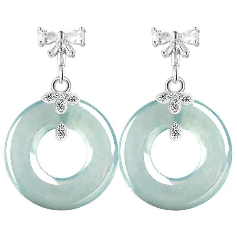 Fashion Jewelry A Type Natural Blue Jadeite Hoop Donut With White Topaz S925 Sterling Silver Earrings