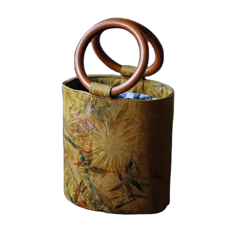 2023 new wooden handle circle bucket bag literary retro country style handbag antique clutch bag