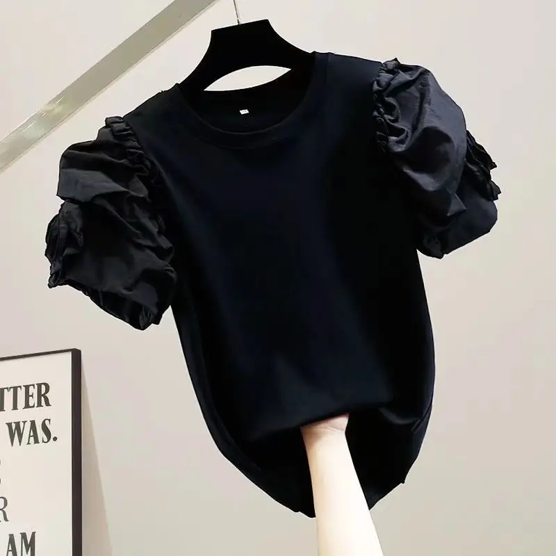 2023 Fashion three-dimensional flower bubble sleeve wooden ear stitching short-sleeved T-shirt niche design casual temperament