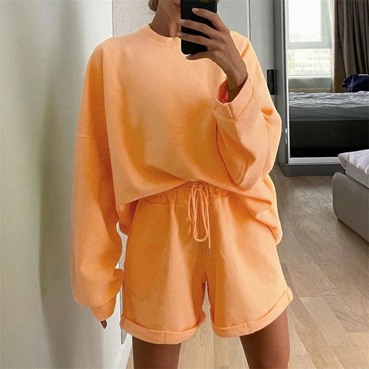 
New arrival women tracksuits two piece suits Cotton Hoodie Tops Shorts Sweat Suits Casual Loose Over Size 2 Piece Hoodies Outfit 
