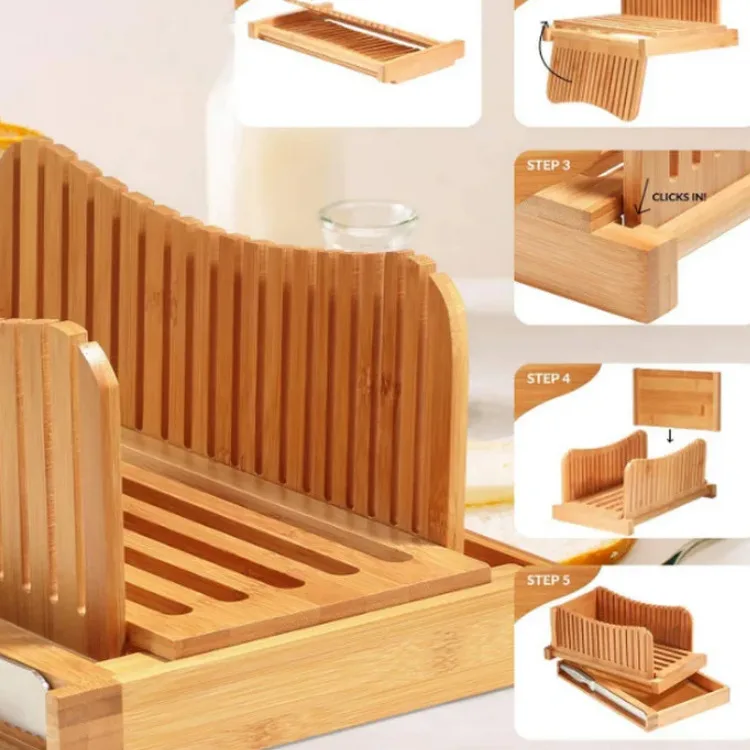 Foldable Cutting Board With Crumb Tray For Homemade Bread Bamboo Bread Slicer With Knife