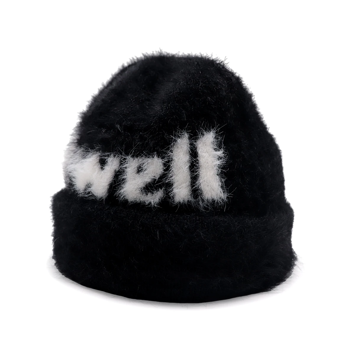 OEM Your Own Logo High Quality Fluffy Furry Fuzzy knit Rabbit Faux Fur Jacquard Custom Mohair Beanie Hats