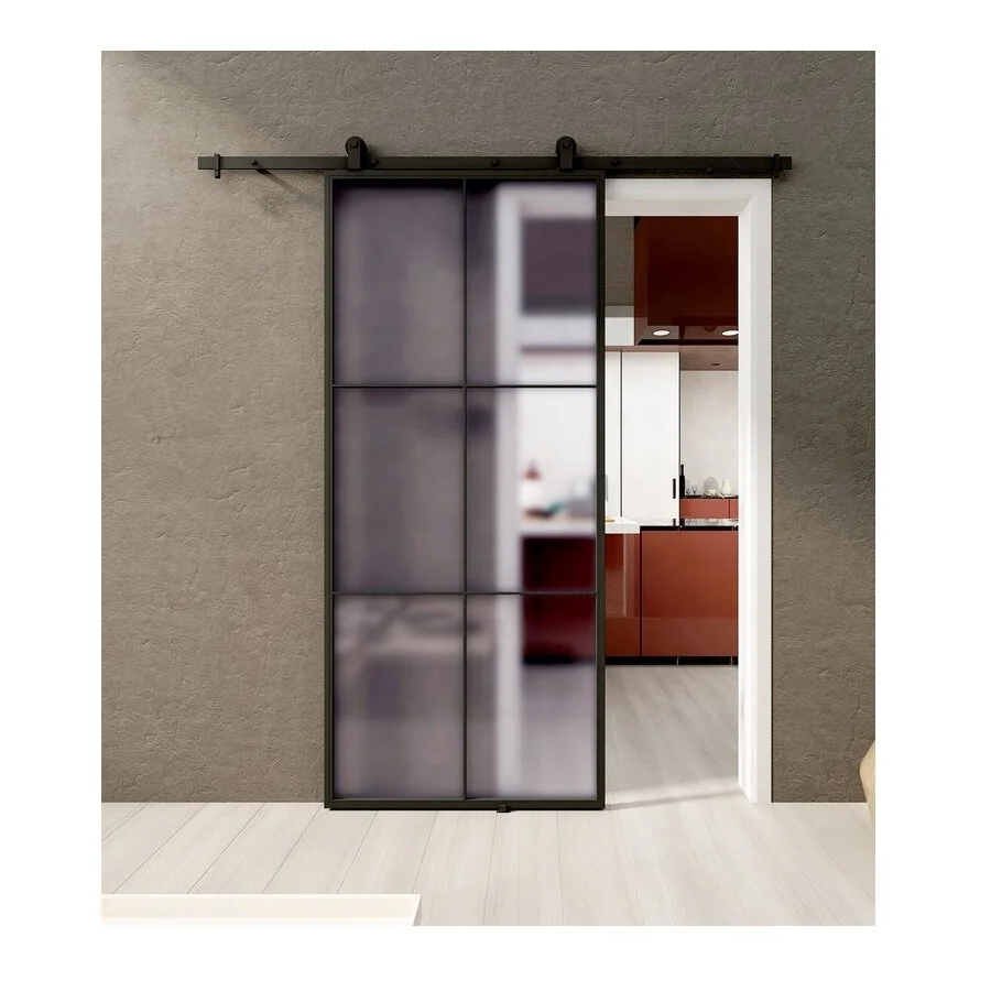8ft Heavy Duty Barn Door Hardware Internal Double Sliding Doors Entry Doors Matt Black Frame + Clear Glass or Wooden Panel Steel
