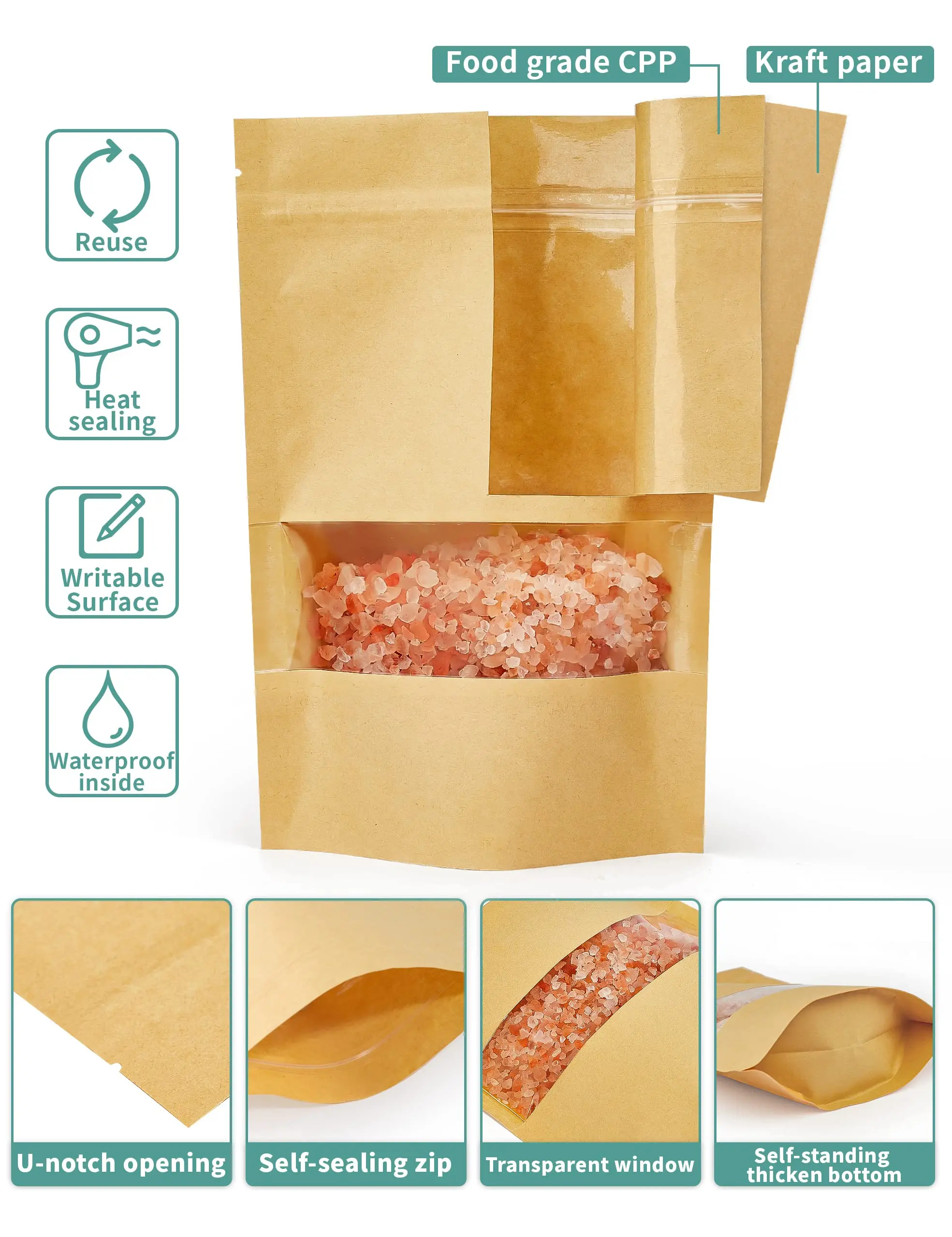 Stand Up Kraft Paper Bag With Clear Window And Zipper For Food Flour Nut Rice Tea Spices Customizable Manufacturer