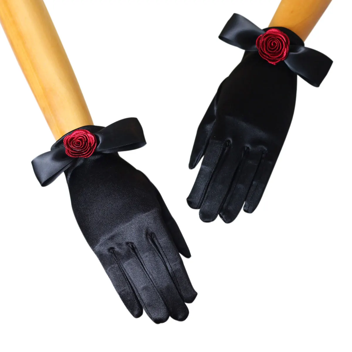 WG106 Elegant Wedding Bridal Gloves Red Yarn Rose Satin Black Women Pageant Prom Perform Short Wrist Finger Gloves