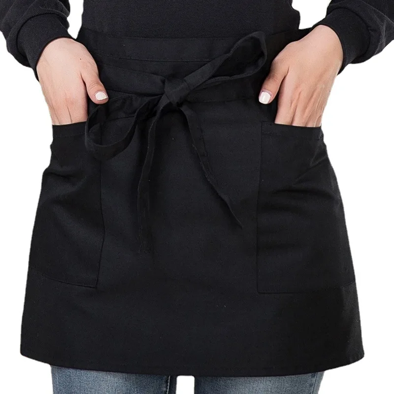 3 Pocket 2 Pocket Custom Black Cotton Polyester Short Waitress Half Server Waiter Apron Waist for Kitchen Coffee Bar