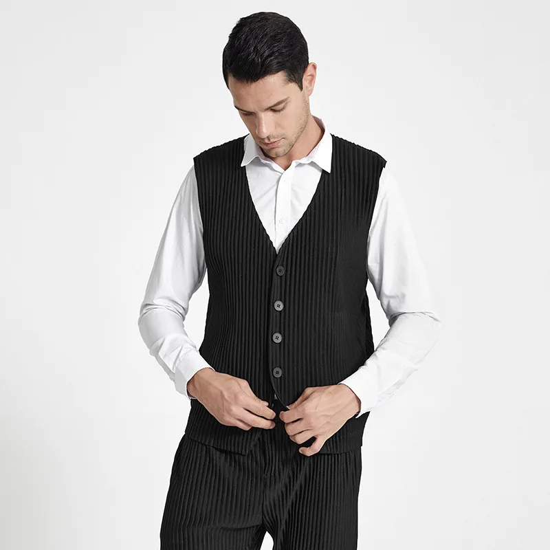 
FXZ Wholesale Custom Pleat Men Waistcoat Formal Suit Vest 100% polyester high quality Pleated men vest 