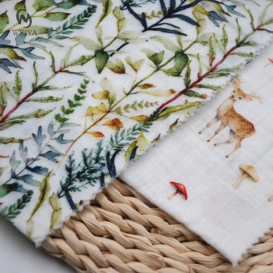 Japanese designs forest deer animal digital printing meter price crepe double gauze cotton pattern fabric