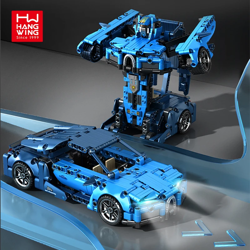 HW Toys Diy Bricks Pull Back Direct Force Straight Change Cars Transformation Robot Sports Car Building Blocks Sets For Kids