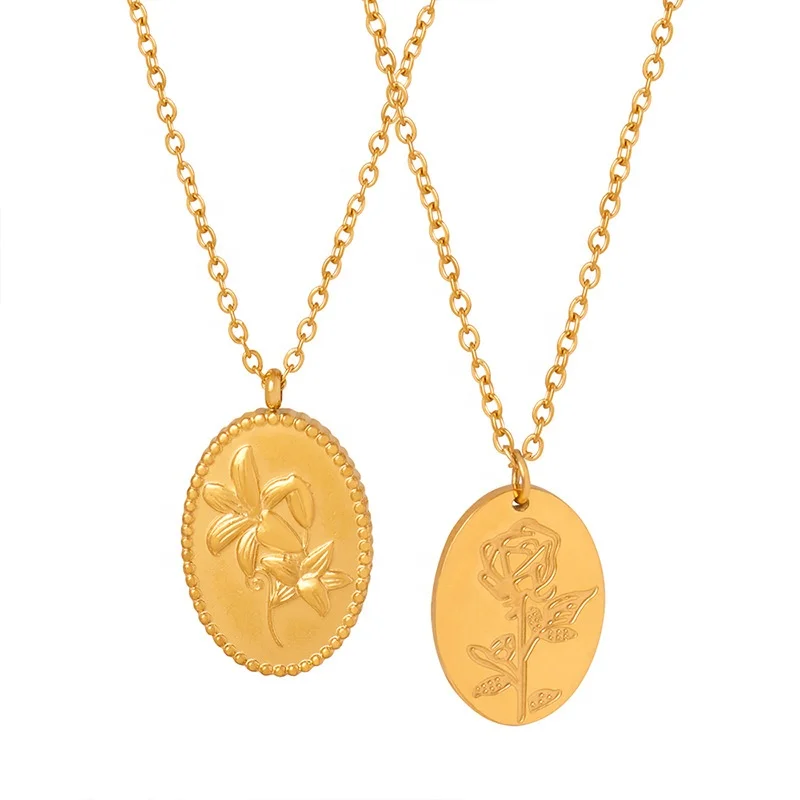 Oval Carved Flower Pendant Necklace Custom Birth flower Name Jewelry Stainless Steel Engraved Rose Lily Flower Necklace